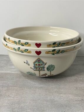 2 Thomson Pottery Birdhouse Mixing Bowls Creamed Colored Farmhouse Pattern 7"-8"